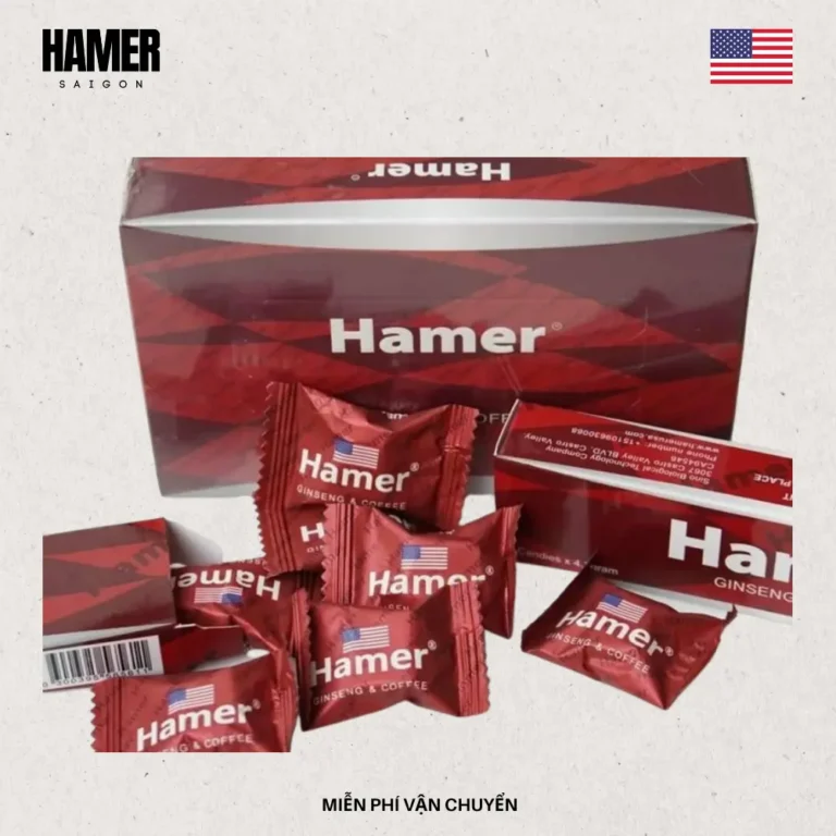Hộp kẹo sâm Hamer Mỹ chính hãng, dạng viên ngậm bổ sung sinh lực, cải thiện tuần hoàn máu và tăng cường sức khỏe.