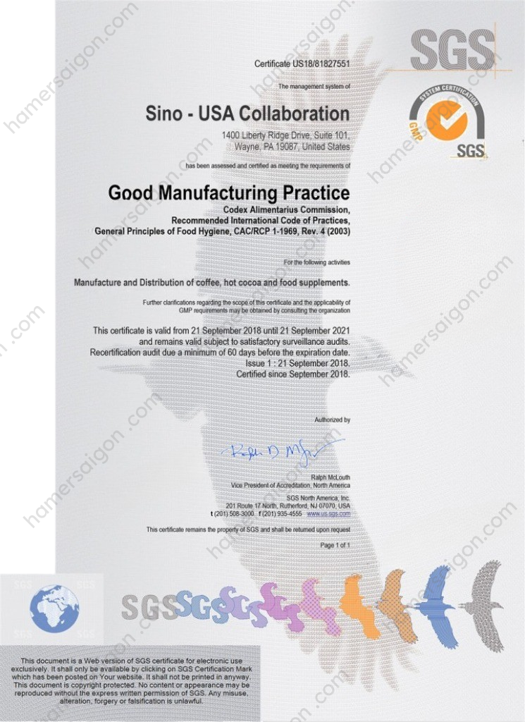 Giấy chứng nhận kẹo sâm hamer mỹ chính hãng từ Sino - USA Collaboration