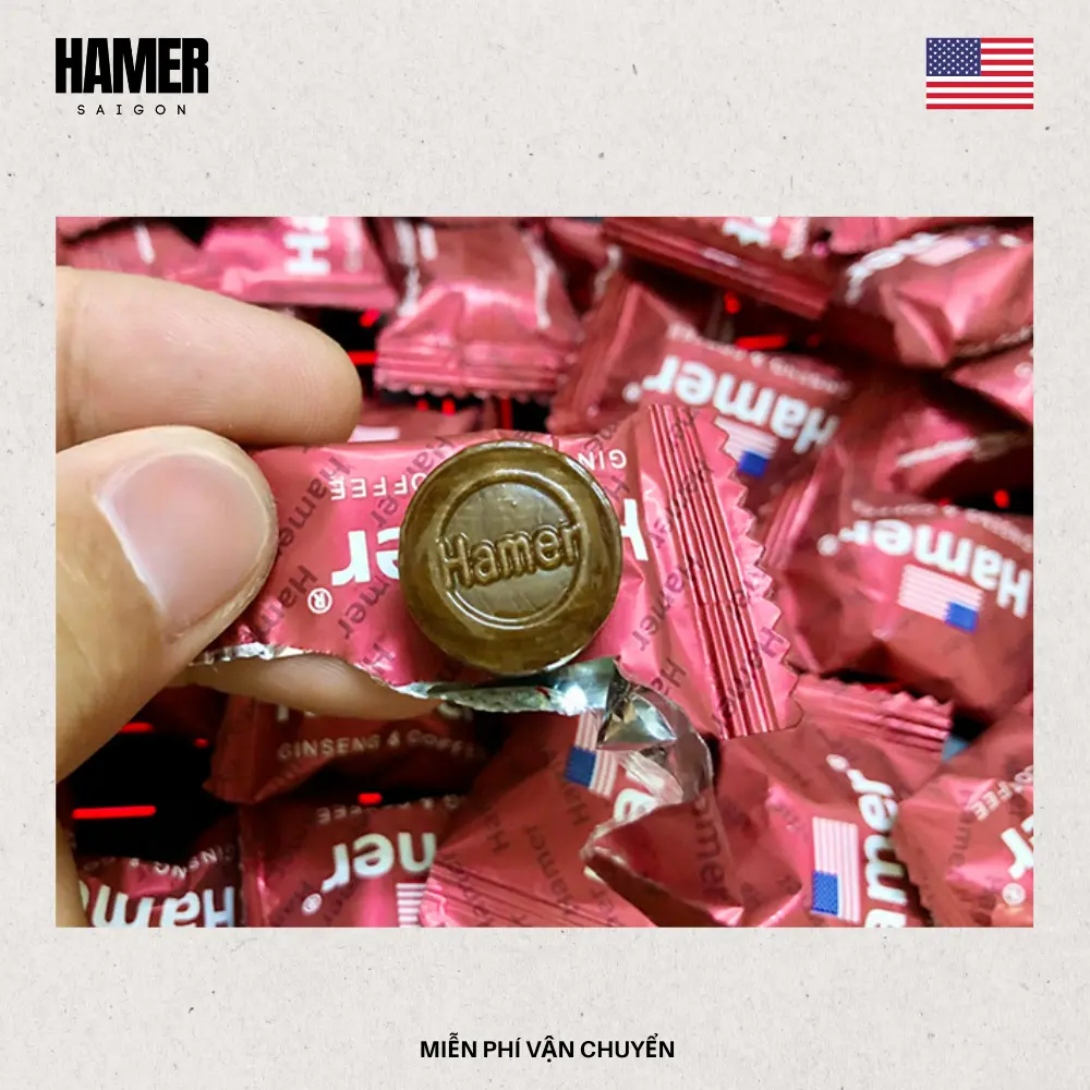Viên kẹo sâm Hamer Mỹ chính hãng, bao bì đỏ, in chữ Hamer rõ nét để phân biệt hàng thật.
