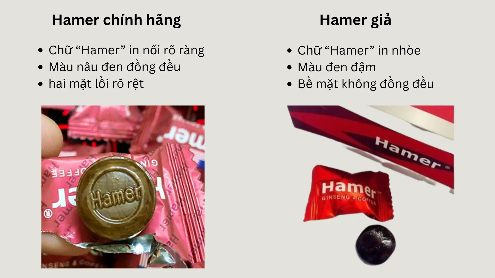 Phân biệt viên kẹo Hamer chính hãng và Hamer giả
