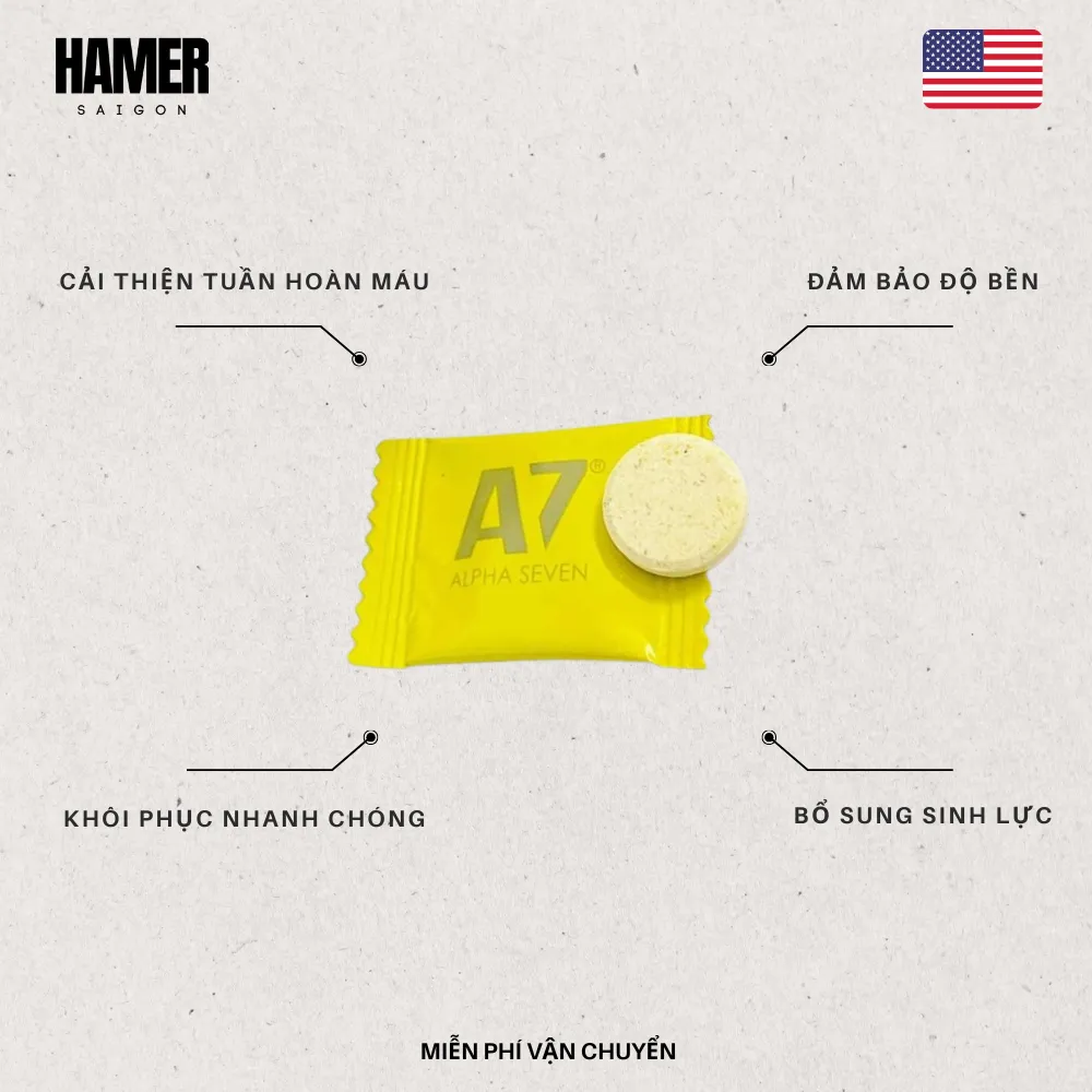viên kẹo ngậm A7 Alpha Seven Plus Complex vàng vị chanh. A7 Alpha Seven là thực phẩm chức năng dạng kẹo ngậm vị chanh hỗ trợ cải thiện sinh lý dành cho nam giới