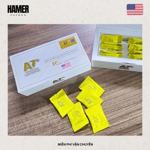 Hộp kẹo sâm A7 Alpha Seven Plus Complex chính hãng. Viên kẹo A7 màu vàng chanh. Quy cách đóng hộp 12 viên