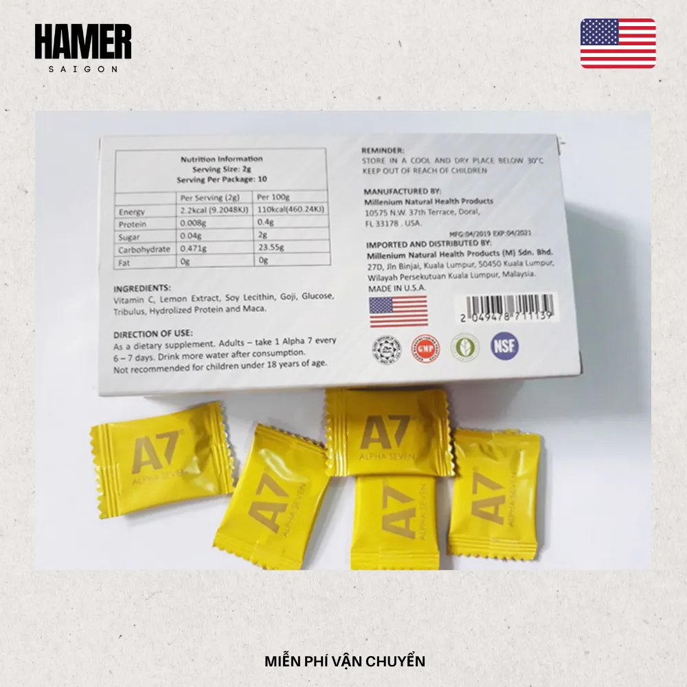 Mặt sau hộp kẹo ngậm A7 Alpha Seven chính hãng. Hộp kẹo A7 màu trắng và các viên kẹo sâm A7 màu vàng chanh.
