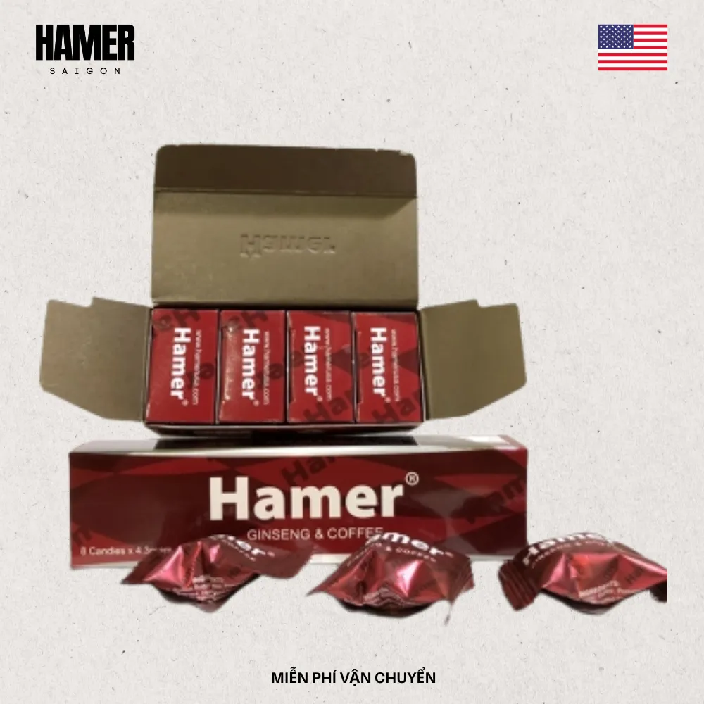 Kẹo sâm Hamer Mỹ chính hãng có quy cách đóng hộp gồm 4 thanh (tương đương 32 viên ngậm) Kẹo sâm Hamer Mỹ chính hãng có quy cách đóng hộp gồm 4 thanh (tương đương 32 viên ngậm). Trên nắp hộp chính hãng có in dập chữ HAMER.